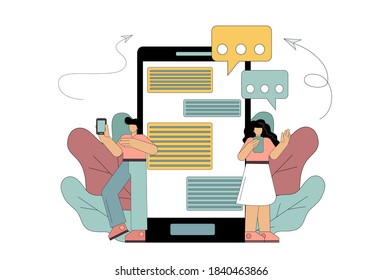 Chat messaging concepts. internet communication, social networks. Flat people use mobile smart phone to communicate. Vector illusion on white background