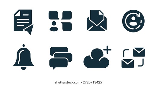 Chat and messaging excellent icon collection. Send document, chat bubbles, mail message, user refresh, notification bell, stacked messages, cloud add, mail sync