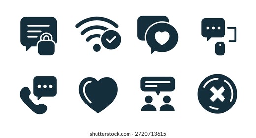 Chat and messaging excellent icon collection. Secure message, approved wifi chat, like message, chat support, phone conversation, heart reaction, group discussion, cancel action