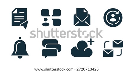 Chat and messaging excellent icon collection. Send document, chat bubbles, mail message, user refresh, notification bell, stacked messages, cloud add, mail sync