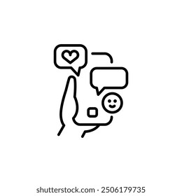 Chat messaging icon. Minimalistic line illustration showing a hand holding a smartphone with chat bubbles. Perfect for use in apps, websites, and technology-related projects. Vector illustration.