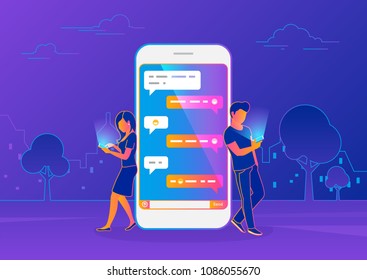 Chat messenger concept of young people using mobile smartphone for sending messages in chat. Modern gradient line vector illustration of guy and woman standing near big smartphone with speech bubbles