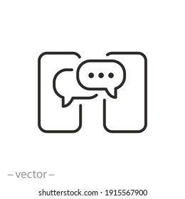 icono de mensajería de chat, burbuja de mensajes de voz o mms, mensaje con dos teléfonos, red social de conversación, símbolo de línea delgada sobre fondo blanco - ilustración de vector de trazo editable

