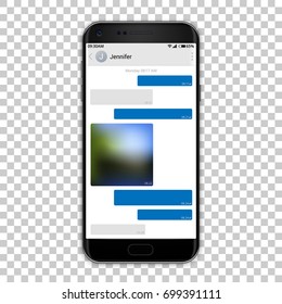 Chat Messenger On Phone Screen, Vector Illustration. High Detailed Quality Black Smartphone Mockup With Screenshot Of Chatting App.