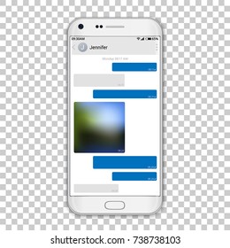 Chat Messenger en pantalla telefónica, ilustración vectorial. Imagen de pantalla de una aplicación para chatear en blanco con un smartphone de alta calidad.