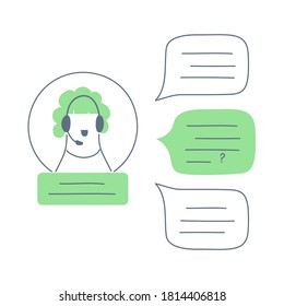 Chat in messenger, online support, conversation with a customer service representative, online assistant, virtual help service. Woman with a headset and chat bubblesFlat outline vector illustration