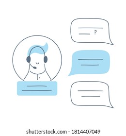 Chat in messenger, online support, conversation with a customer service representative, online assistant, virtual help service. Man with a headset and chat bubbles. Flat outline vector illustration