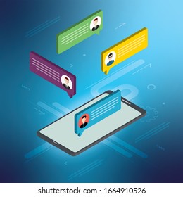 Chat in mobile phone or smart phone on message app, dialogue with speech bubbles. Cellphone online messaging concept, social media. Icon set in isometric vector illustration on blue background.