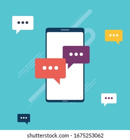 Chat in mobile phone or smartphone on message app, dialogue with speech bubbles. Cellphone online messaging concept, social media. Icon set in flat design vector on blue background.
