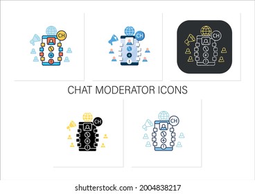 Chat moderator icons set. Main person in application. Administrator. Communication concept. Collection of icons in linear, filled, color styles.Isolated vector illustrations