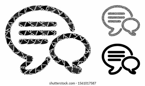 Chat mosaic of bumpy elements in different sizes and color tints, based on chat icon. Vector bumpy elements are organized into mosaic. Chat icons collage with dotted pattern.