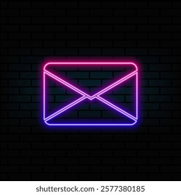 Chat Neon blue email envelope mail mail isolated on brick wall background.