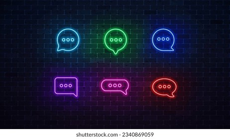 Chat neon icon set. Glowing speech bubble sign. Vector illustration