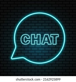 Chat neon signboard. Neon blue letters into glowing frame on dark brick wall. Best for polygraphy, mobile apps and web design.