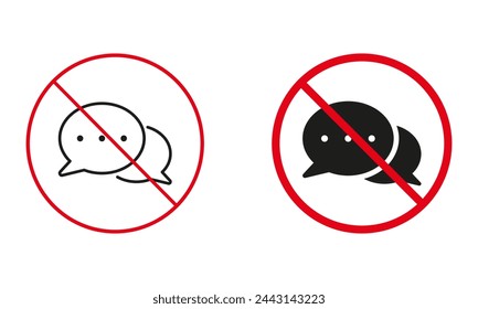 Chat No Permitido, No Se Ha Establecido Ningún Signo De Advertencia De Diálogo. Prohibir la línea de burbujas de voz e iconos de silueta. Símbolo de texto y conversación prohibida. Mensaje Prohibir. Ilustración vectorial aislada.