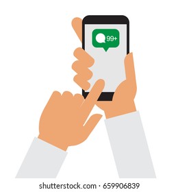 Chat notification. Hands holding smartphone. Flat design vector.