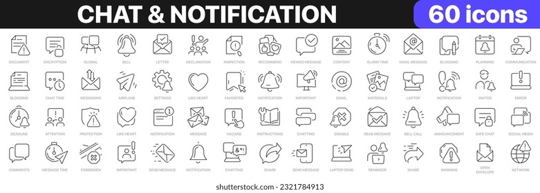 Chat and notification line icons collection. Bell, message, like, reminder, devices icons. UI icon set. Thin outline icons pack. Vector illustration EPS10