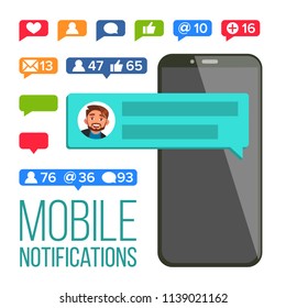 Chat Notification Vector. Mobile Phone Screen. New Messages, Likes, E-mail. Chatting Bubble Speeches. Flat Isolated Illustration
