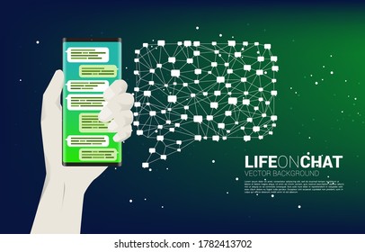 Chat on mobile phone in hand with polygon bubble speech . background concept for social topic and news.