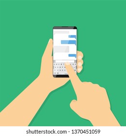 Chat online app on the smartphone screen. Smartphone in hand with empty speech bubbles. Vector illustration in flat style