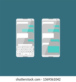 Chat online application on the smartphone screen with empty speech bubbles. Vector illustration in flat style