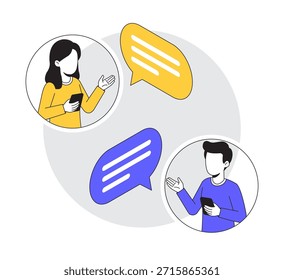 Concepto de conversación en línea de chat. Un hombre y una mujer sosteniendo un teléfono inteligente conversando por chat. Ilustración isométrica 3D. Vector aislado para el Anuncio, cartel, presentación, infografía, Web, App.