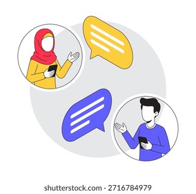 Concepto de conversación en línea de chat. Un hombre y una mujer musulmana sosteniendo un teléfono inteligente conversando por chat. Ilustración isométrica 3D. Vector aislado para el Anuncio, cartel, presentación, infografía, Web, App.