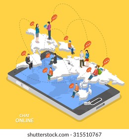 Chat online isometric flat vector concept. Isometric model of earth continents are hovering over the smartphone with chatting people on it.