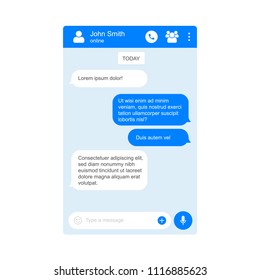 Chat Page For Messenger Application. Vector Flat Cartoon Template Design For Social Network Chat Blue Background