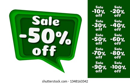 Chat Paper Layer, Color green. collection off with share discount percentage. white background. Vector illustration