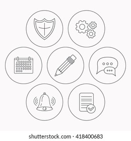 Chat, pencil and protection shield icons. Bell rings linear sign. Check file, calendar and cogwheel icons. Vector