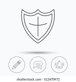 Chat, pencil and protection shield icons. Bell rings linear sign. Linear icons in circle buttons. Flat web symbols. Vector