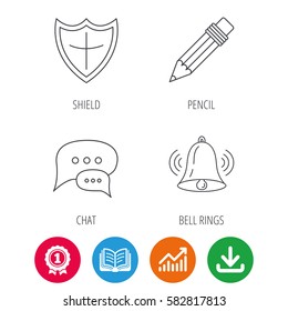 Chat, pencil and protection shield icons. Bell rings linear sign. Award medal, growth chart and opened book web icons. Download arrow. Vector