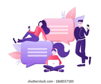 Charla con gente para el diseño de conceptos. Texto del vector. Los hombres de negocios trabajan en equipo. Concepto de medios sociales. Ilustración de carácter vector plano. Personajes hablando.