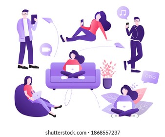 Chat people for concept design. Vector text. Business people teamwork. Social media concept. Flat vector character illustration. Characters talking.