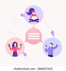 Charla con gente para el diseño de conceptos. Texto del vector. Los hombres de negocios trabajan en equipo. Concepto de medios sociales. Ilustración de carácter vector plano. Personajes hablando.