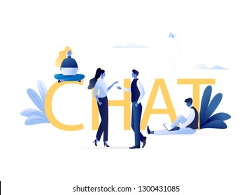 Chat - People Talking, Discussing Together Offline and Via Internet Sitting with Laptops and Standing Near Letters CHAT. Online Chatting, Social Network, Forum. Flat Vector Concept Illustration