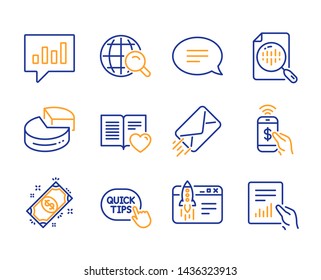 Chat, Phone payment and Analytical chat icons simple set. Analytics chart, Payment and Internet search signs. Pie chart, Start business and Love book symbols. E-mail, Quick tips and Document. Vector