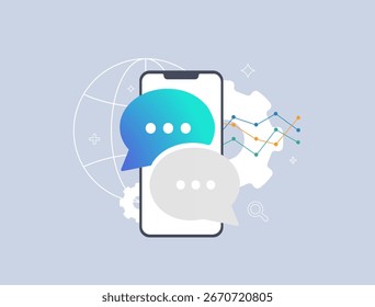 Chat powers mobile customer support with analytics on smartphone. Chatbot messaging and helpdesk service meet automation and global reach. Vector illustration for websites, apps and presentations
