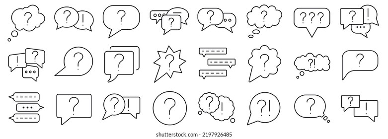 Chat question bubbles and answer icon set. Simple Set of  24 question Related Vector Line Icons. Ask help sign. Faq questionnaire symbol.