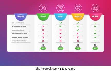 Chat, Question mark and Feather icons simple set. Comparison table. Presentation sign. Speech bubble, Ask support, Copyright page. Board with charts. Education set. Pricing plan. Vector
