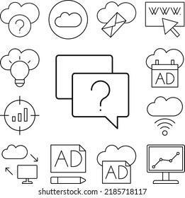 Chat, signo de interrogación, icono SEO en una colección con otros elementos