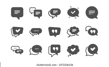 Chat and quote icons. Approved, Checkmark box and Social media message. Chat speech bubble, Tick or check mark, Comment quote icons. Think speech bubble. Classic set. Quality set. Vector