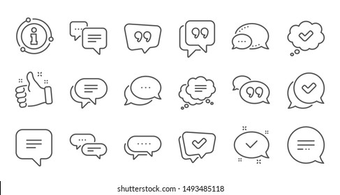 Chat and quote line icons. Approved, Checkmark box and Social media message. Chat speech bubble, Tick or check mark, Comment quote icons. Think speech bubble. Linear set. Quality line set. Vector