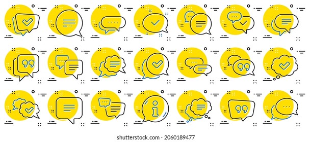 Iconos de línea de charla y cita. Aprobado, casilla de verificación y mensaje de medios sociales. Burbuja de discurso de chat, Marcar o marcar, Iconos de cita de comentario. Piense, habla aprobada, burbuja del habla. Vector