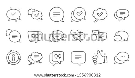 Chat and quote line icons. Approved, Checkmark box and Social media message. Chat speech bubble, Tick or check mark, Comment quote icons. Think speech bubble. Linear set. Quality line set. Vector