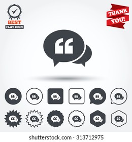 Chat Quote sign icon. Quotation mark symbol. Double quotes at the beginning of words. Circle, star, speech bubble and square buttons. Award medal with check mark. Thank you. Vector