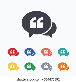 Chat Quote sign icon. Quotation mark symbol. Double quotes at the beginning of words. Colored flat icons on white background.