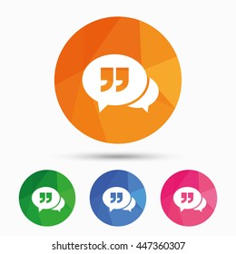Chat Quote sign icon. Quotation mark symbol. Double quotes at the end of words. Triangular low poly button with flat icon. Vector