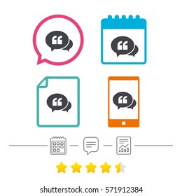 Chat Quote sign icon. Quotation mark symbol. Double quotes at the beginning of words. Calendar, chat speech bubble and report linear icons. Star vote ranking. Vector
